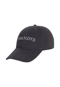 Black cotton baseball cap with a curved brim. Front features white embroidered text "PINK FLOYD." Six-panel design with ventilation eyelets.