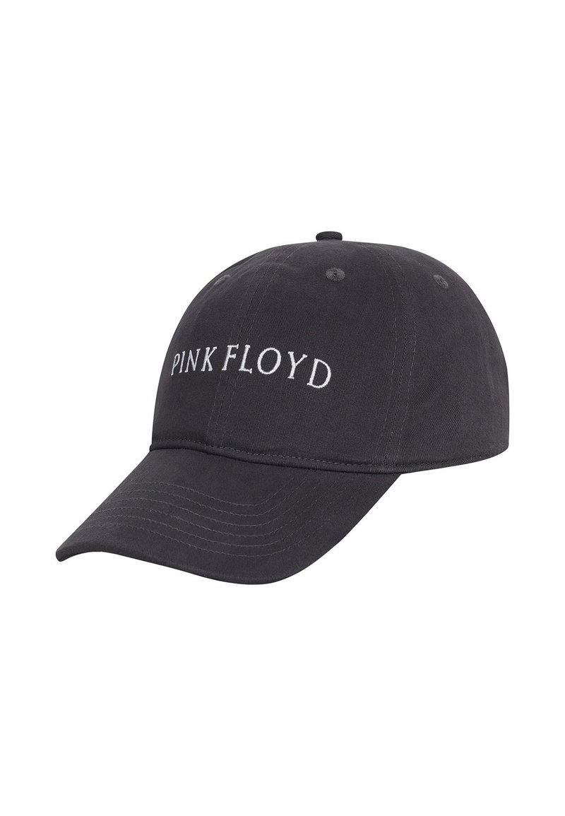 Black cotton baseball cap with a curved brim. Front features white embroidered text "PINK FLOYD." Six-panel design with ventilation eyelets.