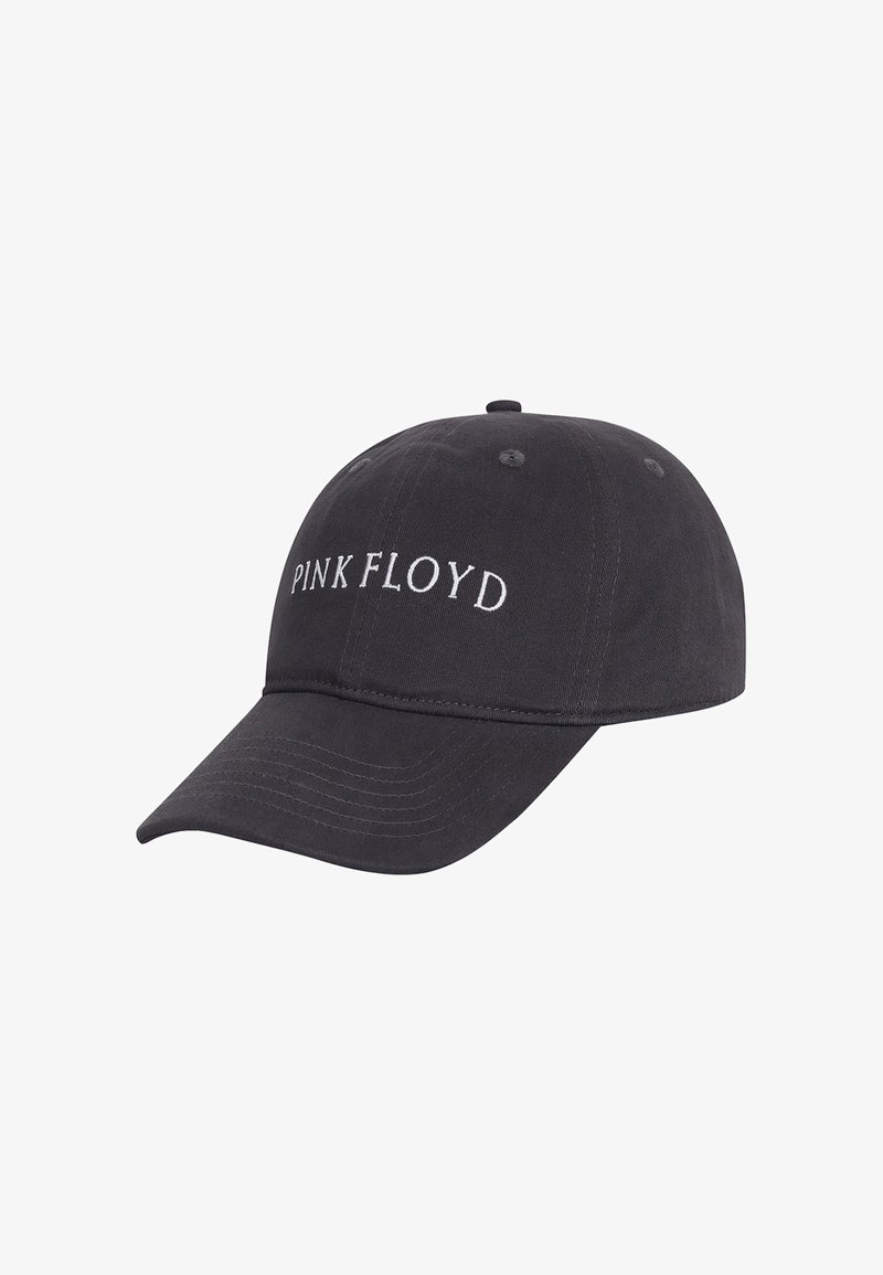 Black cotton baseball cap with a curved brim. Front features white embroidered text "PINK FLOYD." Six-panel design with ventilation eyelets.