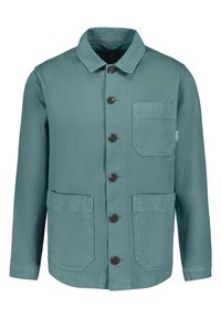 Buttoned jacket in muted teal, made of durable fabric. Features a pointed collar, two large front pockets, and a chest pocket. Brown buttons.
