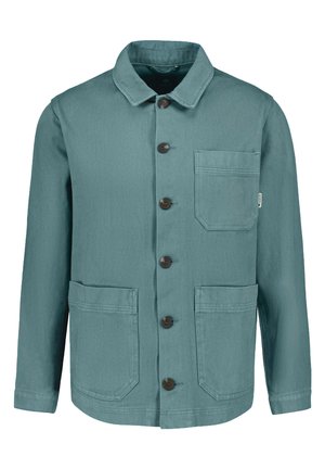 Buttoned jacket in muted teal, made of durable fabric. Features a pointed collar, two large front pockets, and a chest pocket. Brown buttons.