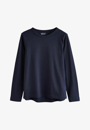 Marineblauwe longsleeve t-shirt van gladde stof, met een ronde halslijn en een ontspannen fit met een lichtgebogen zoom.