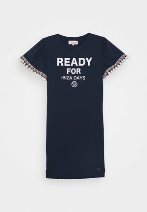 Vestito blu navy con maniche corte e gonfie. Presenta la scritta bianca "READY FOR IBIZA DAYS" e una decorazione con pon-pon. Materiale in cotone.