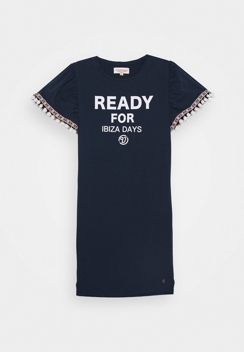 Granatowa sukienka z krótkimi, bufkami na rękawach. Na przodzie biały napis "READY FOR IBIZA DAYS" oraz ozdobna lamówka z pomponami. Materiał bawełniany.