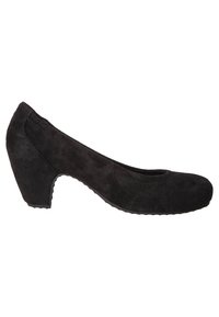 Svart mocka klackskor med rundad tå och en lätt lyftning. Slät yta med sömnadsdetaljer längs sidorna och en gummiyttersula.