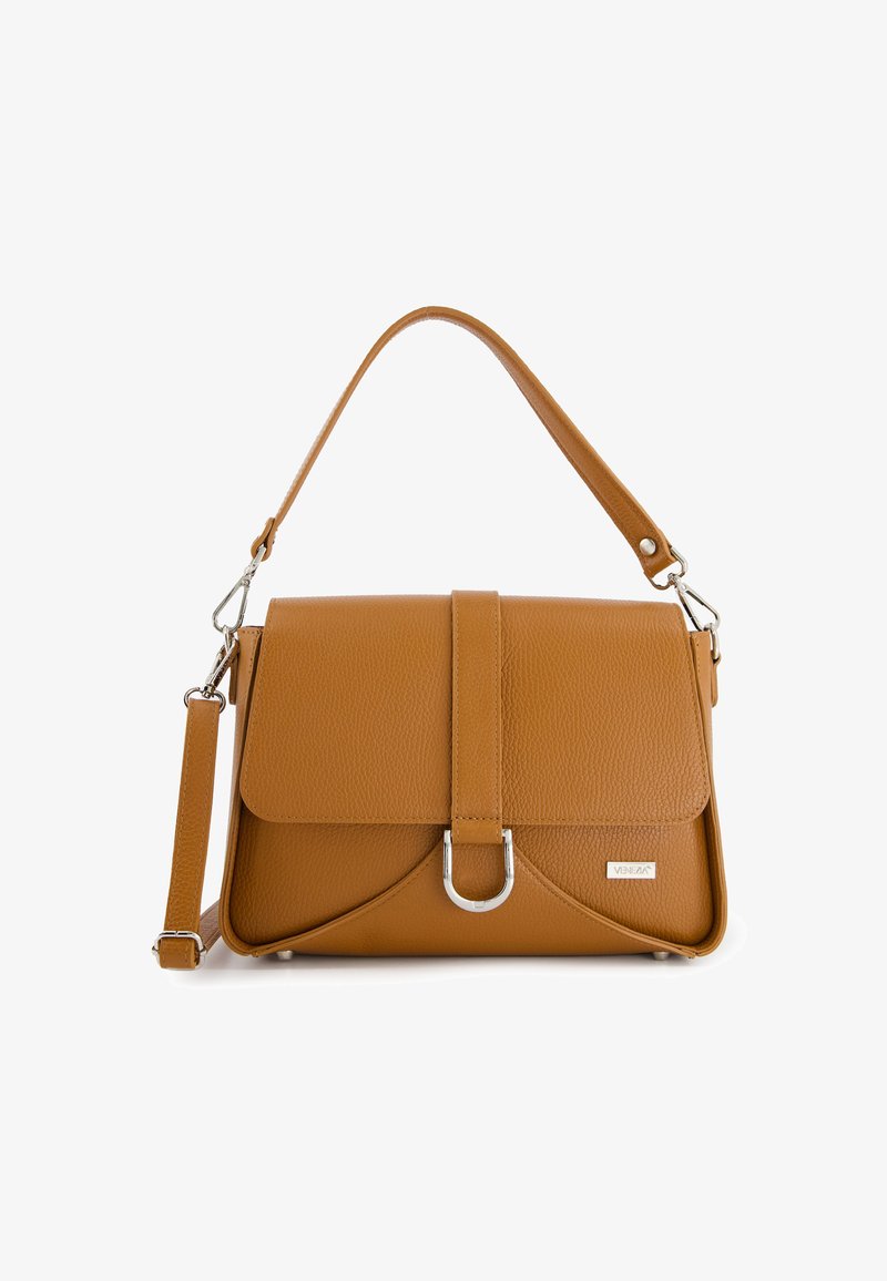 Tan leather handbag with flap, silver buckle detail, detachable shoulder strap, and top handle on a white background.