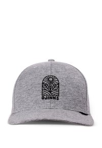 Gray cap with a flat peak, featuring a black embroidered logo and floral design on the front. Soft fabric with a textured finish.