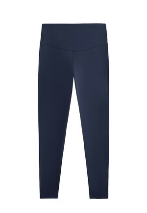 Tengerészkék, magas derekú leggings V-alakú derékkal és teljes hosszúságú, karcsú szabással.