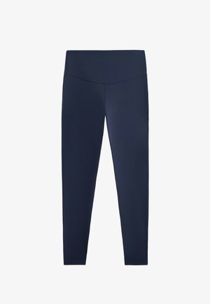 Donkerblauwe high-waisted leggings met een V-vormige tailleband en een slanke pasvorm over de volledige lengte.
