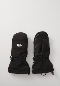 Moufles isolantes noires avec une coque extérieure imperméable, sangle de poignet réglable et paume texturée pour une meilleure prise. Logo brodé sur le dessus.