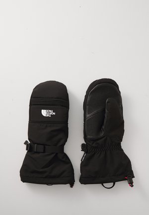 Moufles isolantes noires avec une coque extérieure imperméable, sangle de poignet réglable et paume texturée pour une meilleure prise. Logo brodé sur le dessus.