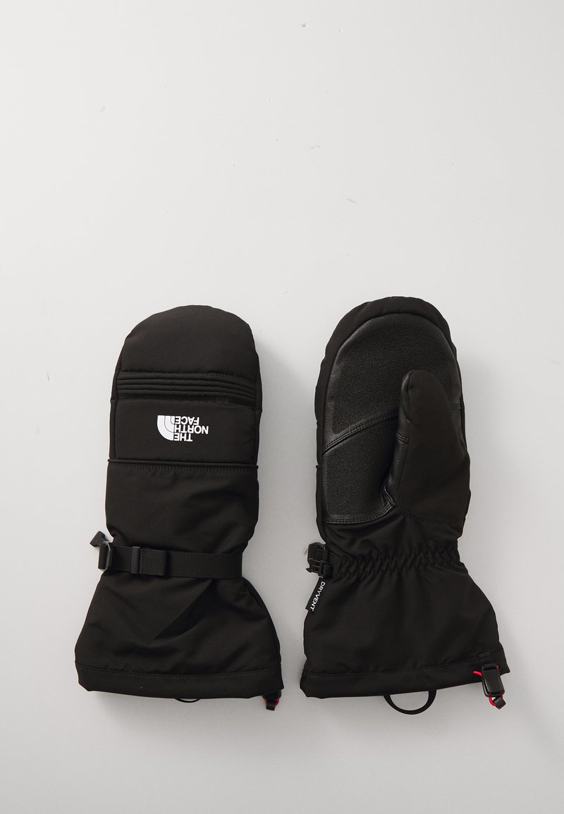 Moufles isolantes noires avec une coque extérieure imperméable, sangle de poignet réglable et paume texturée pour une meilleure prise. Logo brodé sur le dessus.