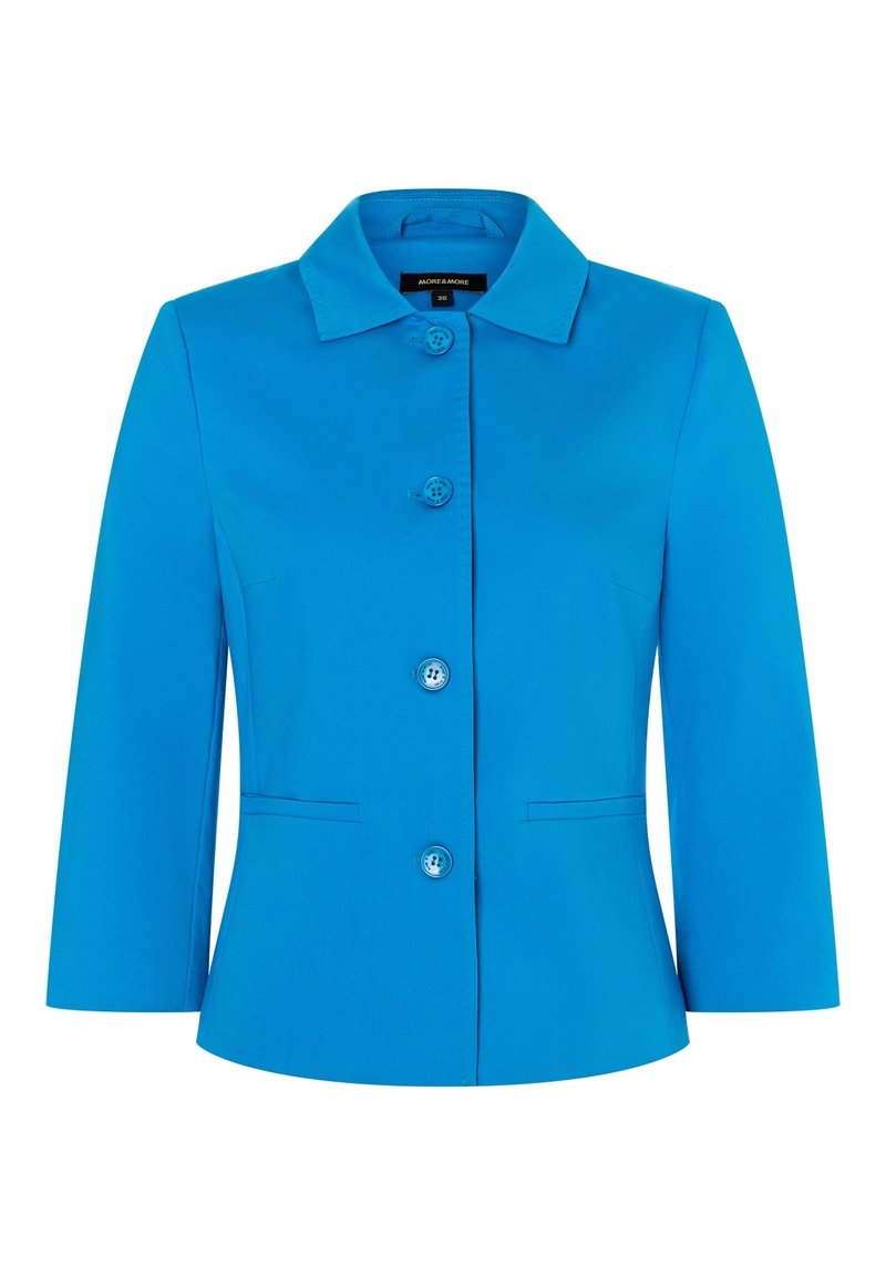Giacca blu aderente con colletto, cinque bottoni frontali e due tasche laterali. Realizzata in tessuto liscio con un design pulito e strutturato.