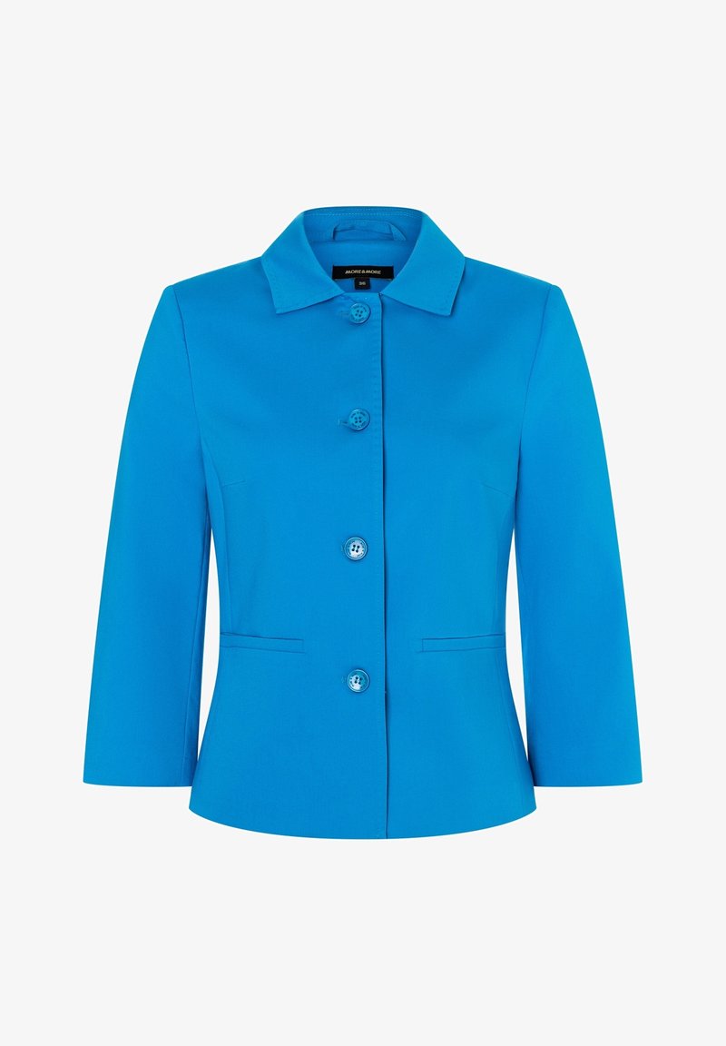 Blaues, tailliertes Jacket mit Kragen, fünf Vorderknöpfen und zwei Seitentaschen. Aus glattem Stoff mit einem klaren, strukturierten Design.