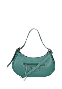 Borsa in pelle turchese con forma arrotondata, manico corto singolo, tracolla removibile e tasca frontale con zip e nappine decorative.