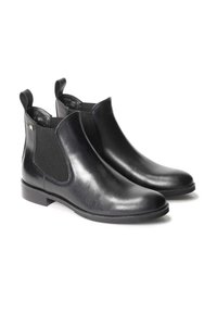 Black leather ankle boots featuring elastic side panels, a rounded toe, and a low block heel with fine stitch detailing along the sole.