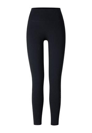 Black high-waisted full-length leggings with a slim fit and subtle side detailing on a white background.