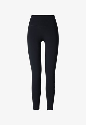 Black high-waisted full-length leggings with a slim fit and subtle side detailing on a white background.