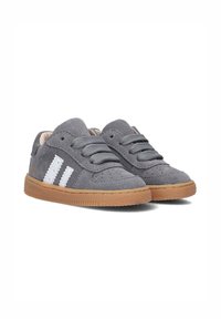 Gray suede sneakers with textured surface, white striped accents, and a gum rubber sole. Features gray laces and perforated detailing.