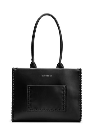 Bolso tote de cuero negro con asas largas, bolsillo frontal cosido y el nombre de la marca "WITTCHEN" en la superficie lisa.