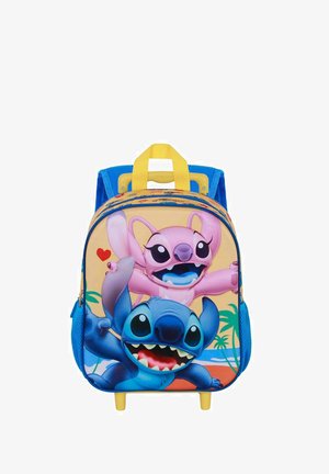 Sac à dos bleu et jaune avec des personnages de dessin animé Stitch et Angel. Dispose d'un graphique à l'avant, de bretelles rembourrées et d'une poignée de transport supérieure.