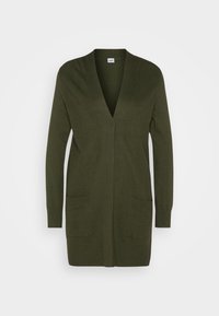 Cardigan lungo verde oliva realizzato in materiale a coste, con scollatura a V, maniche lunghe e due tasche frontali.