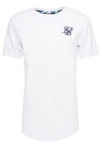 Bílý krátký rukáv T-shirt s kulatým výstřihem a malým námořnickým modrým vyšitým logem na levém hrudi.