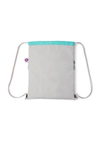 Gray fabric tote bag with a teal top edge and pink braided straps, featuring a tag on the side. Simple rectangular design.