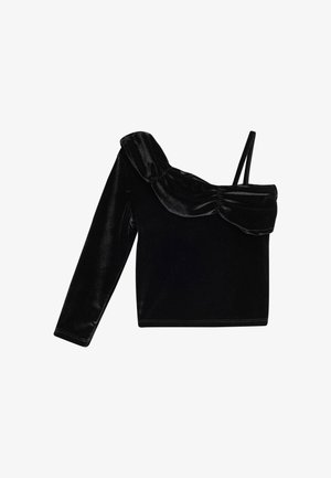Top asymétrique en velours noir avec une manche longue, une fine bretelle et un col froncé au niveau de la poitrine.