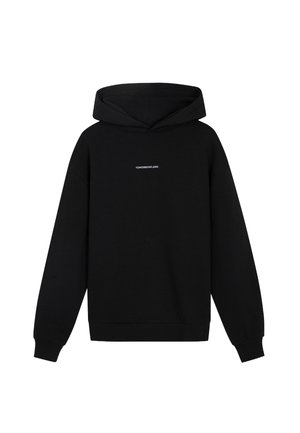 Black hooded sweatshirt made of soft cotton fabric, featuring a front logo "TOMORROWLAND" in contrasting white text. Relaxed fit, long sleeves.
