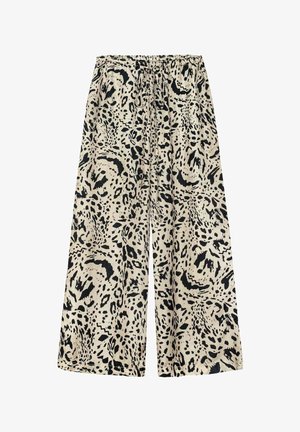 Spodnie o szerokich nogawkach wykonane z beżowej tkaniny z czarnym wzorem w panterkę. Elastyczny pas ze sznurkiem do regulacji.