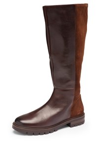 Tall women's boot with smooth dark brown leather front and textured suede dark brown back, lug sole, and low heel.