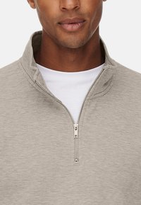 Lichtgrijze quarter-zip sweatshirt met een gestructureerde stof, met een zilveren ritssluiting en een witte overhemdkraag eronder.