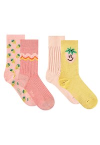 Paquete de cuatro pares de calcetines: dos pares rosas con patrones de frutas y rayas, uno rosa texturizado y uno amarillo con un diseño de fruta sonriente.