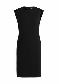 Schwarzes ärmelloses Kleid mit rundem Ausschnitt, dekorativen Knöpfen an der Schulter und einem Reißverschluss auf der Rückseite. Glattes Material.