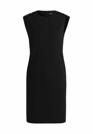 Sort ærmeløs kjole med rund halsudskæring, der har dekorative knapper på skulderen og en lynlås lukning bagpå. Glat stof.