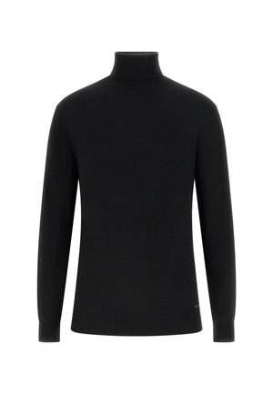 Schwarzer Rollkragenpullover, lange Ärmel, aus glattem Strickmaterial, taillierte Passform mit gerippten Ärmelbündchen und Saum, minimales Markenlogo.