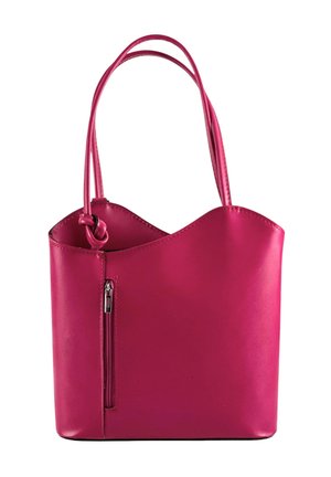 Bright pink leather handbag with two handles, curved top edge, and vertical zip pocket on the front side.