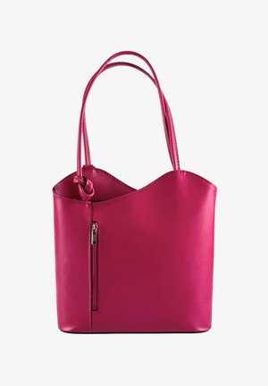 Bright pink leather handbag with two handles, curved top edge, and vertical zip pocket on the front side.