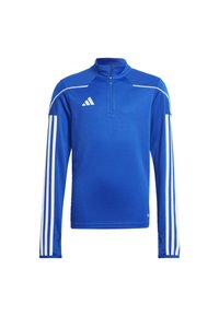 Langärmliges blaues Sportoberteil mit Reißverschlusskragen, weißen Akzentstreifen entlang der Ärmel und strukturierten Schulterpaneelen. Markenlogo ist sichtbar.