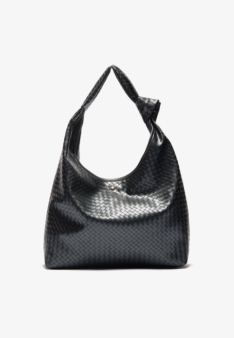 Black woven leather handbag with a slouchy design, featuring a knotted strap and a small decorative gold stud at the top.