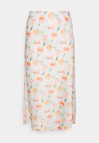 Lightweight, knee-length skirt featuring a pastel peach and green fruit print on a white background. Smooth texture, elastic waistband.