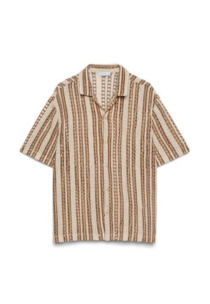 Kurzärmeliges, gestricktes Hemd zum Knöpfen mit vertikalen beige-braunen Streifen und einem durchgehenden offenen Strickmuster.