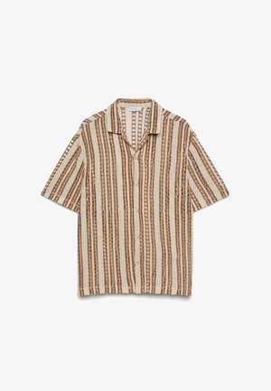 Short-sleeve, button-up knit shirt with vertical beige and brown stripes and an open weave pattern throughout.
