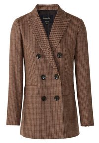 Brązowa marynarka w kratę houndstooth, dwurzędowa, z klapami, czarnymi guzikami i dwiema przednimi kieszeniami. Gładka tekstura, dopasowany krój.