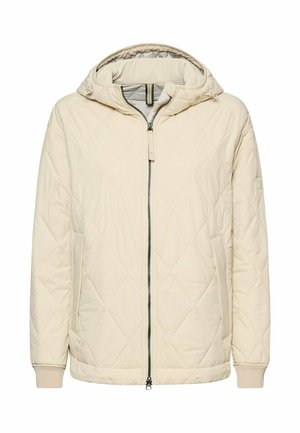 Veste matelassée beige avec capuche, fermeture éclair frontale, poches latérales et poignets côtelés, présentant une texture lisse et un motif géométrique.