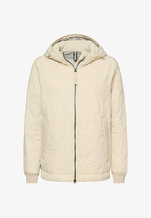 Beżowa pikowana kurtka z kapturem, przednim zamkiem błyskawicznym, bocznymi kieszeniami i ściągaczami na mankietach, o gładkiej fakturze i geometrycznym wzorze.