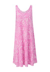 Rosa Tanktop mit weißen Blumen- und Paisleymustern. Aus leichtem Stoff gefertigt, hat es einen runden Ausschnitt und eine lockere Passform.