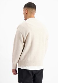 Lichtbeige gebreide trui met een geribbelde zoom en manchetten. Heeft een ronde halslijn en een zachte, textuurstof. Achteraanzicht weergegeven.