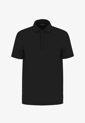 Polo noir avec un col classique, une patte à trois boutons, des manches courtes et un tissu lisse et texturé. Aucun logo ni motif visible.
